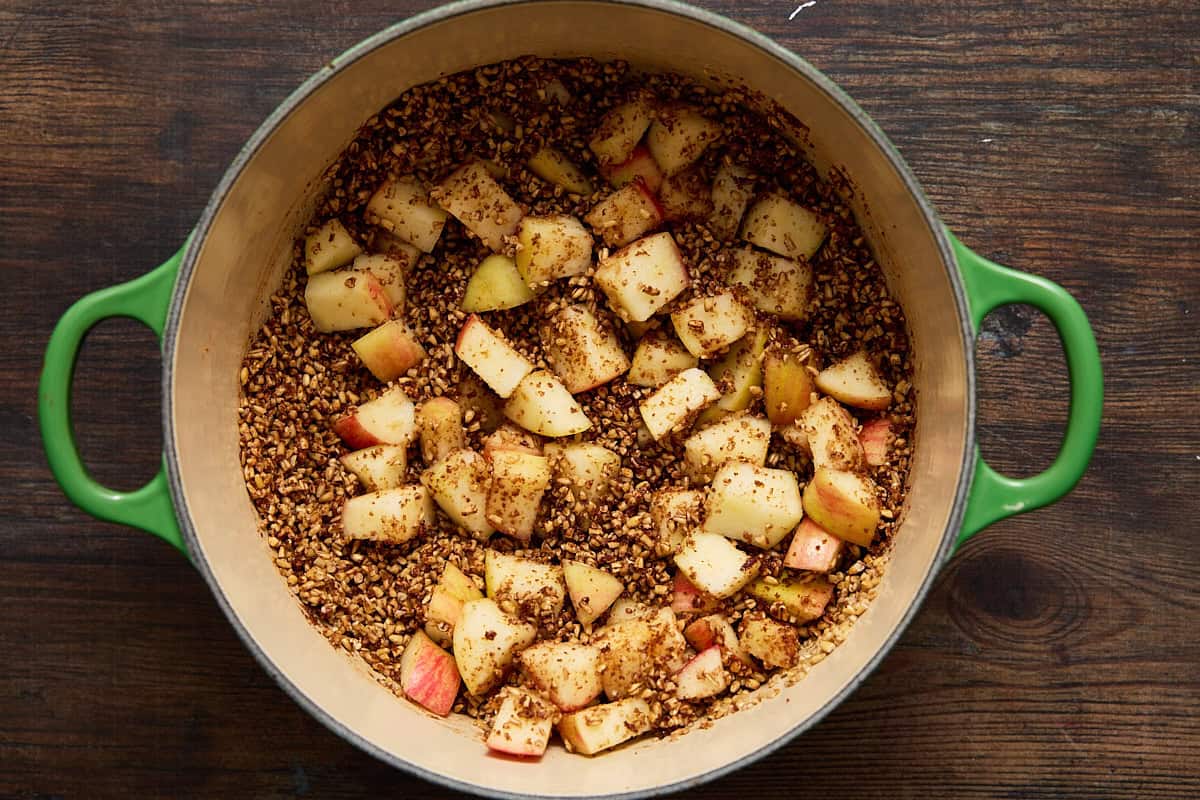 Toasted steel cut oats in dutch oven with apple chunks.