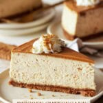 Several slices of Biscoff Cheesecake with Cookie Butter Topping on light plates with forks and burlap napkinds.