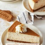 Three slices of Biscoff Cheesecake on cream dessert plates. All topped with cookie butter and a dollop of whipped cream.