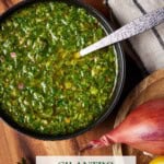 Shallots, lemons and chimichurri in a bowl.